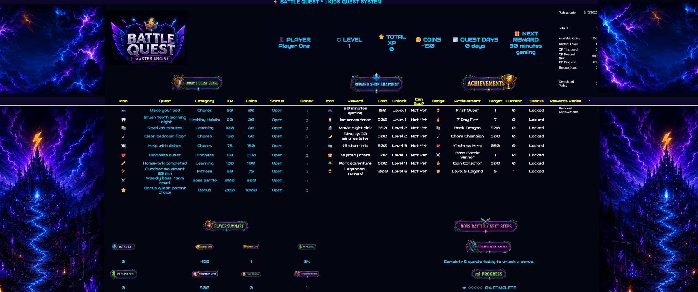 Battle Quest Classic Dashboard preview