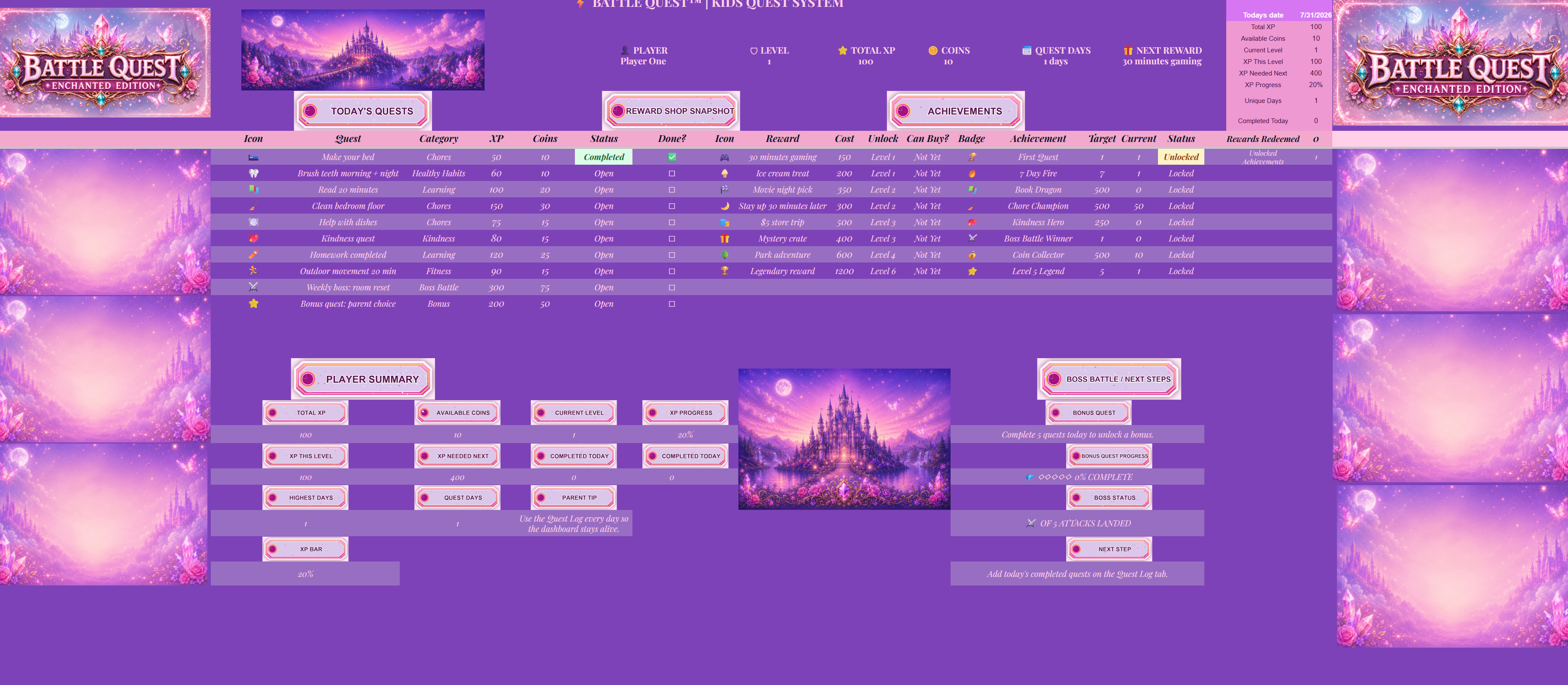 Battle Quest Enchanted dashboard preview