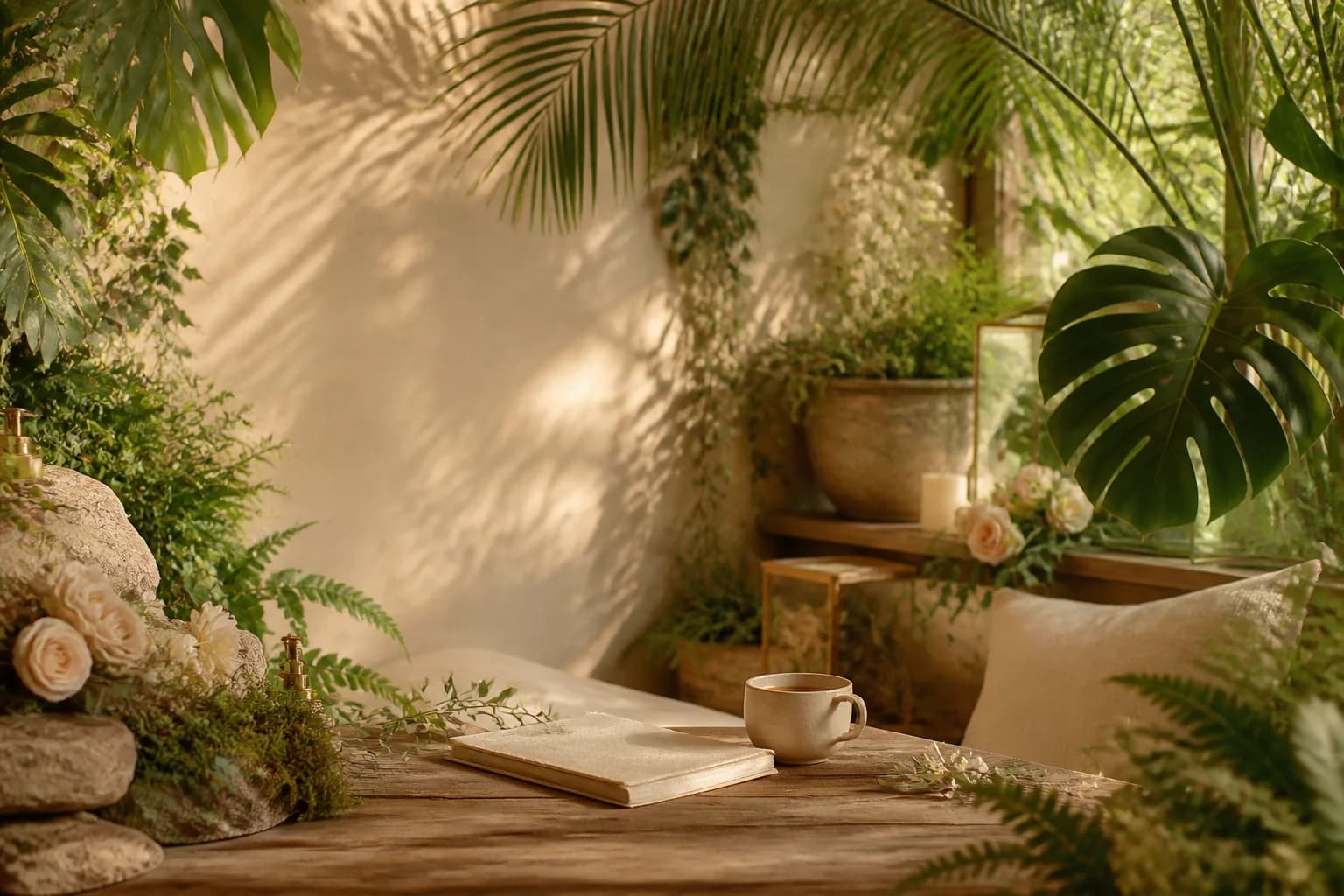 A warm botanical sanctuary reading nook with tropical leaves, soft flowers, a journal, coffee, and golden sunlight.