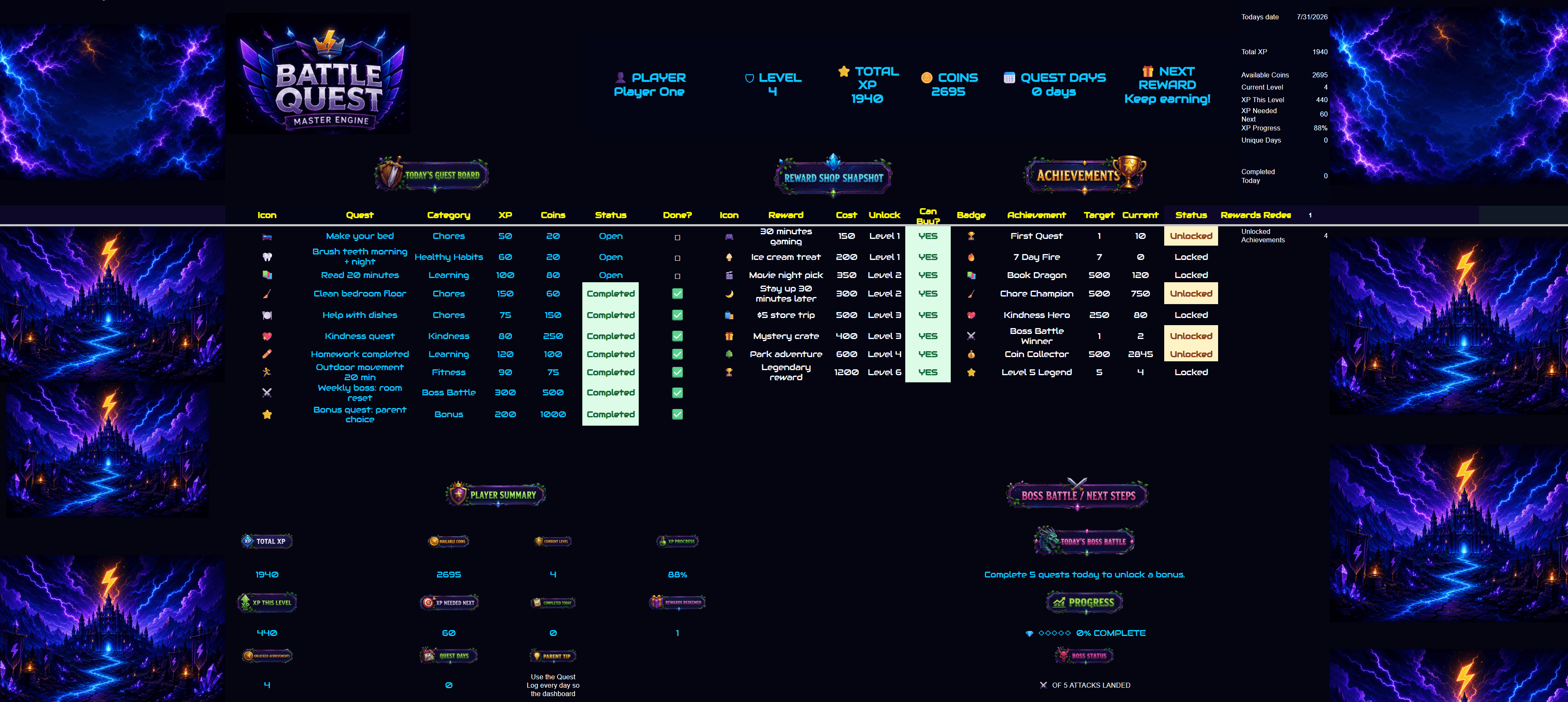Battle Quest Classic dashboard preview